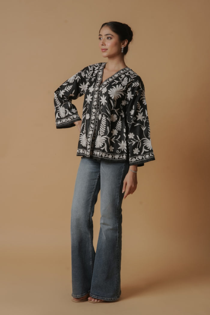 Kashmiri Jacket With Aari Work Cotton  – Black