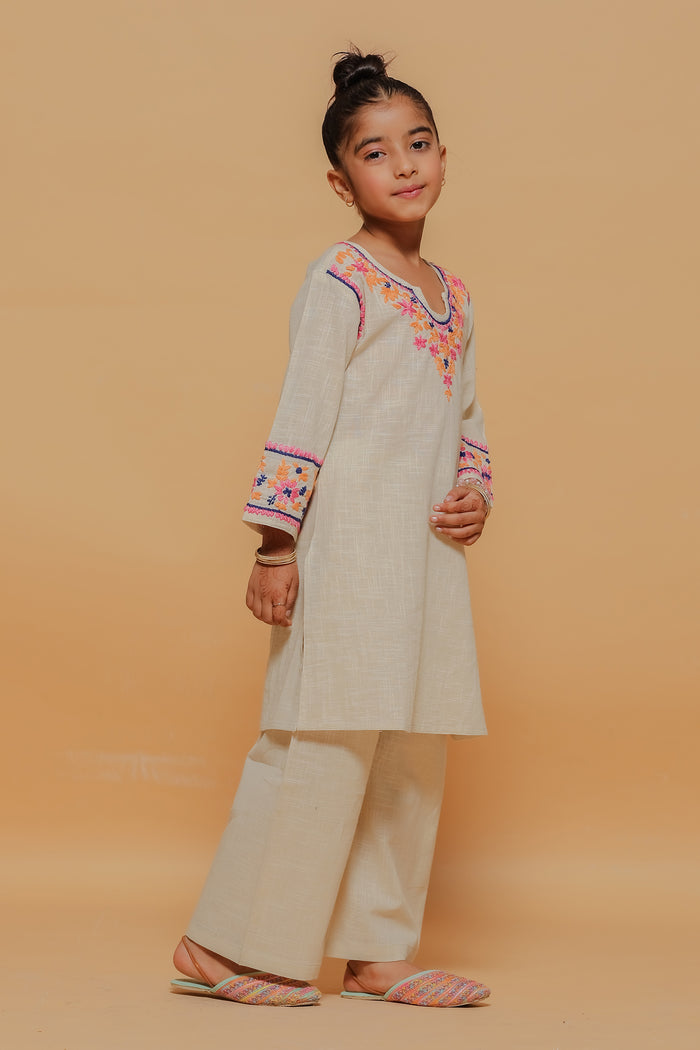 Kids Beige Hand-Embroidered Chikankari Slub Cotton Kurta Set