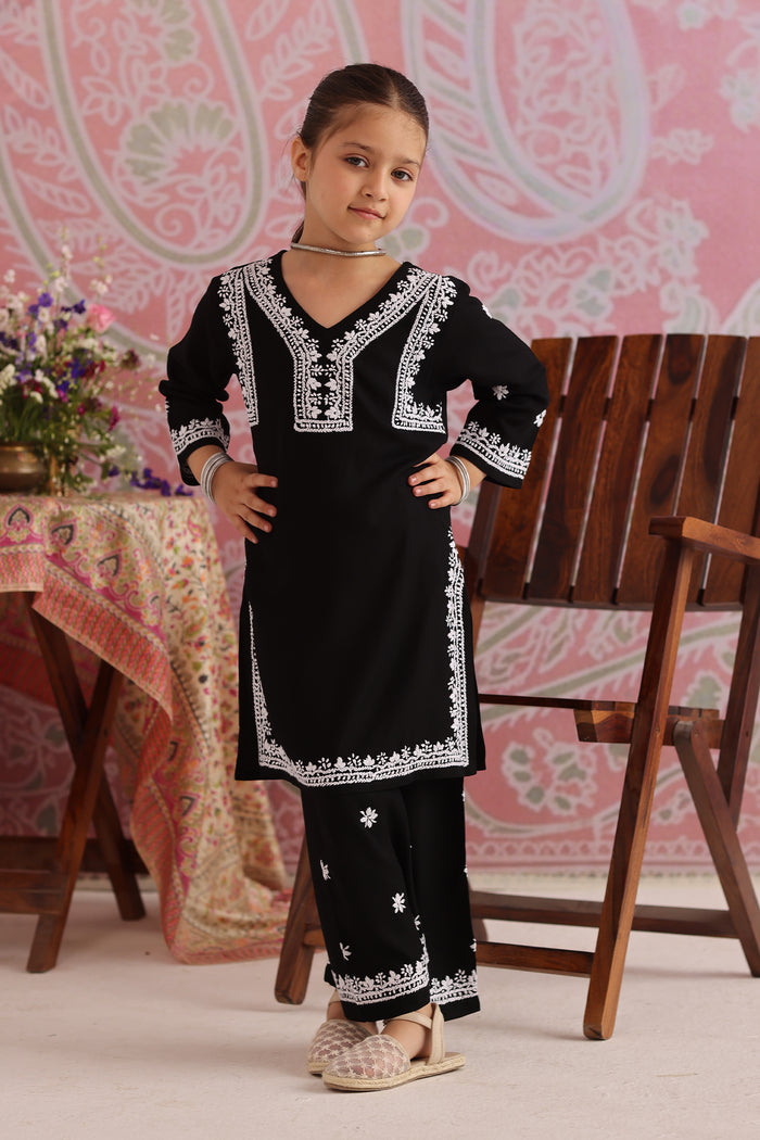 Kids Black Hand-Embroidered Chikankari Rayon Kurta Set