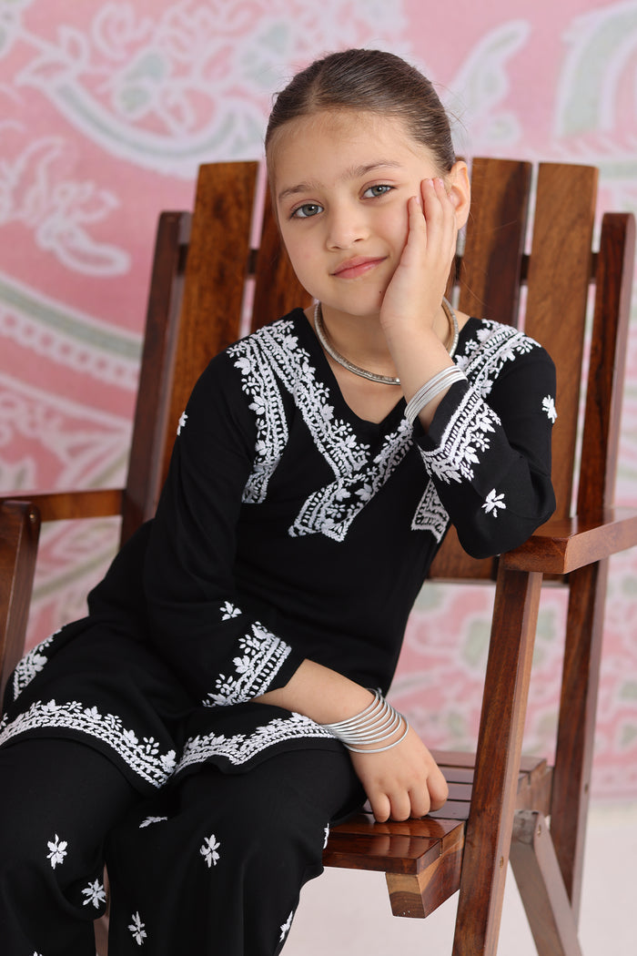 Kids Black Hand-Embroidered Chikankari Rayon Kurta Set