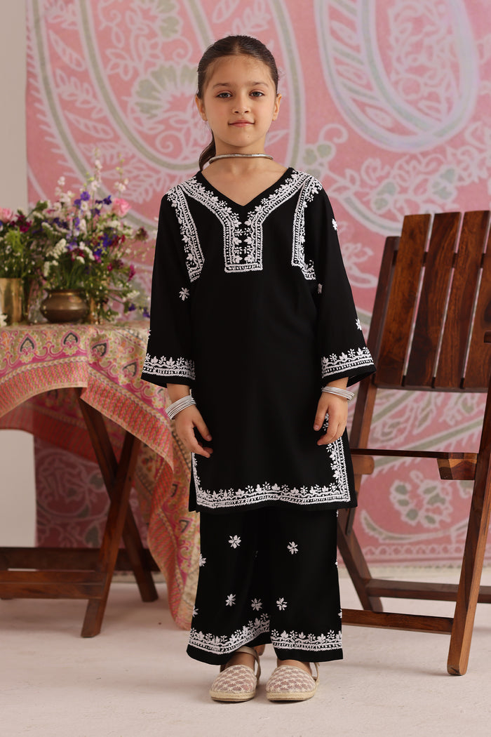 Kids Black Hand-Embroidered Chikankari Rayon Kurta Set