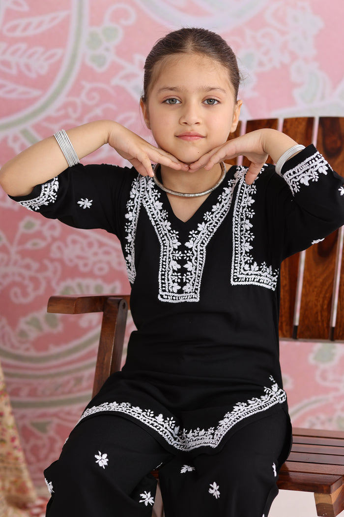 Kids Black Hand-Embroidered Chikankari Rayon Kurta Set