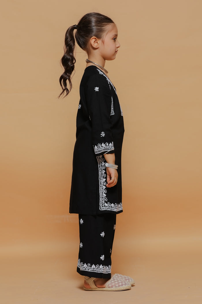 Kids Black Hand-Embroidered Chikankari Rayon Kurta Set