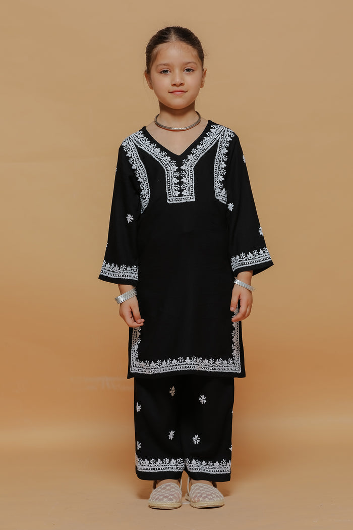 Kids Black Hand-Embroidered Chikankari Rayon Kurta Set