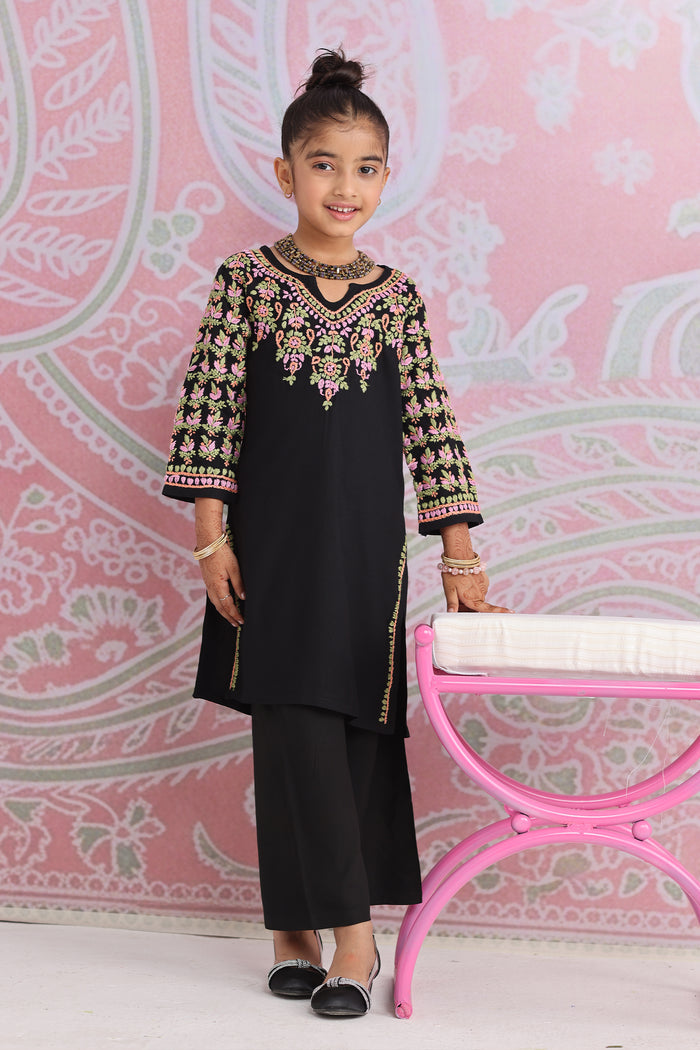 Kids Black Hand-Embroidered Chikankari Rayon Long Kurta