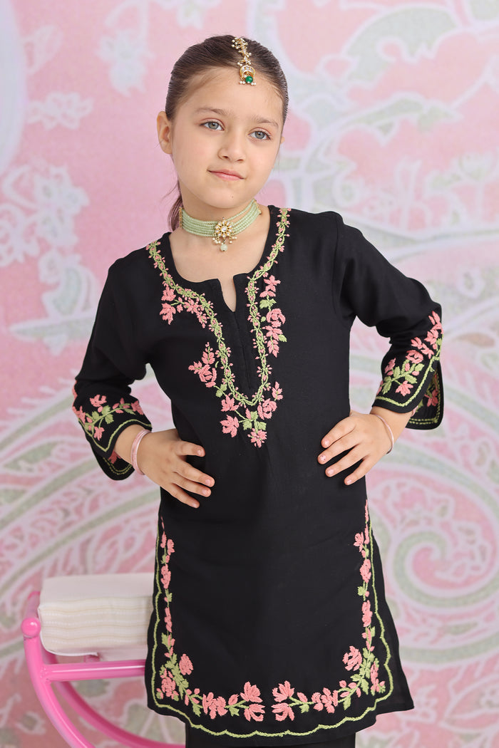 Kids Black Hand-Embroidered Chikankari Rayon Long Kurta