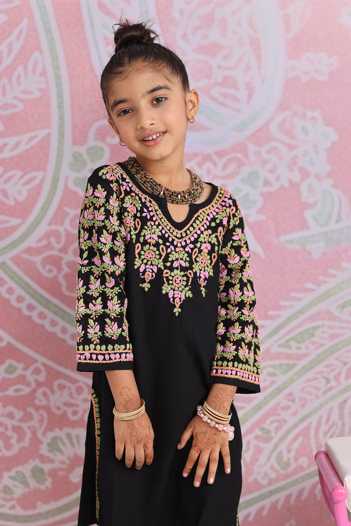 Kids Black Hand-Embroidered Chikankari Rayon Long Kurta