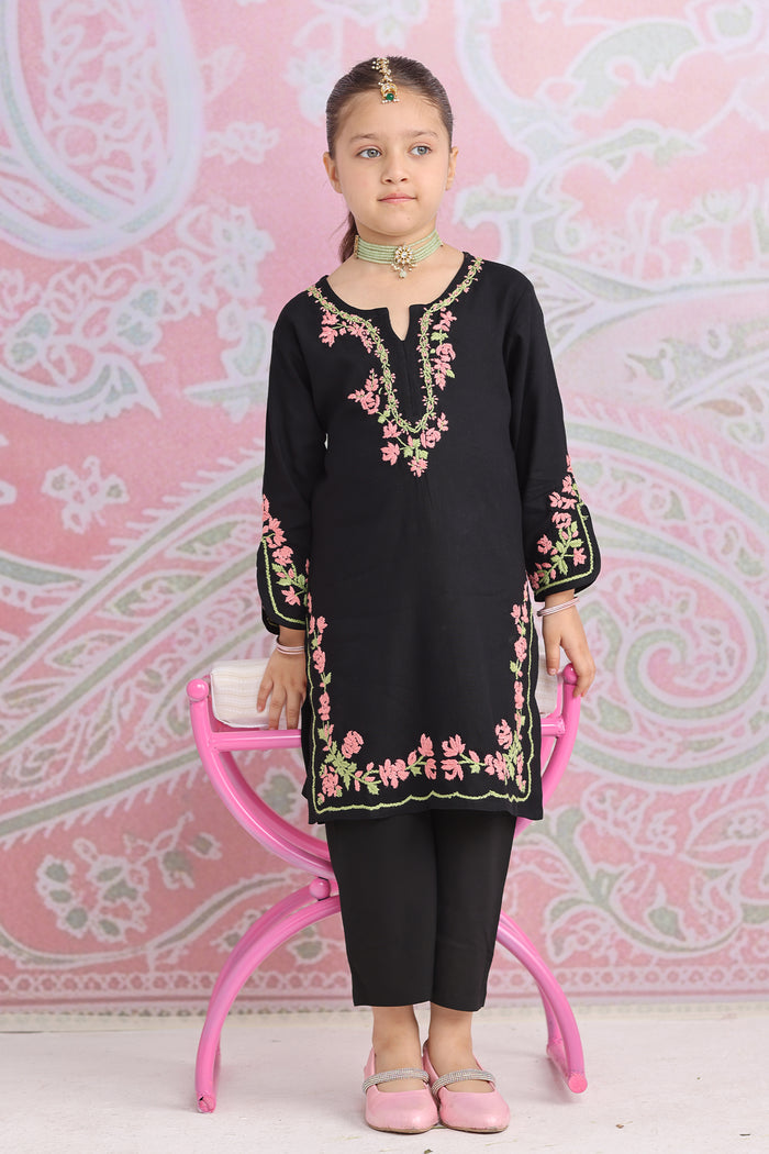 Kids Black Hand-Embroidered Chikankari Rayon Long Kurta