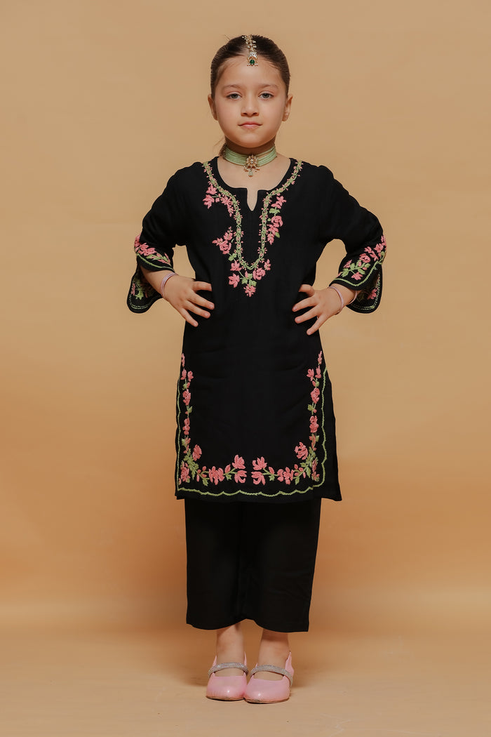 Kids Black Hand-Embroidered Chikankari Rayon Long Kurta