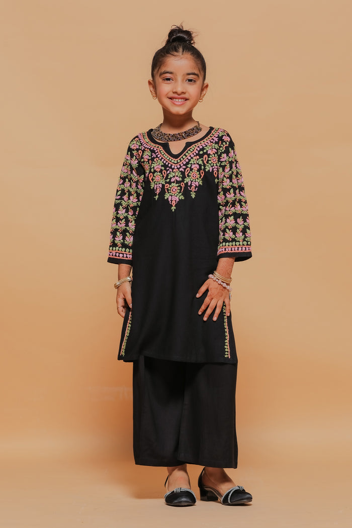 Kids Black Hand-Embroidered Chikankari Rayon Long Kurta