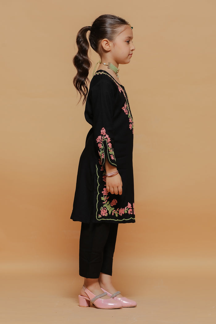 Kids Black Hand-Embroidered Chikankari Rayon Long Kurta