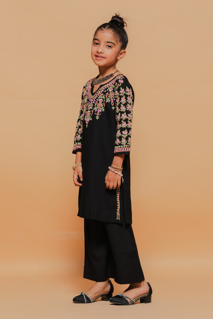 Kids Black Hand-Embroidered Chikankari Rayon Long Kurta