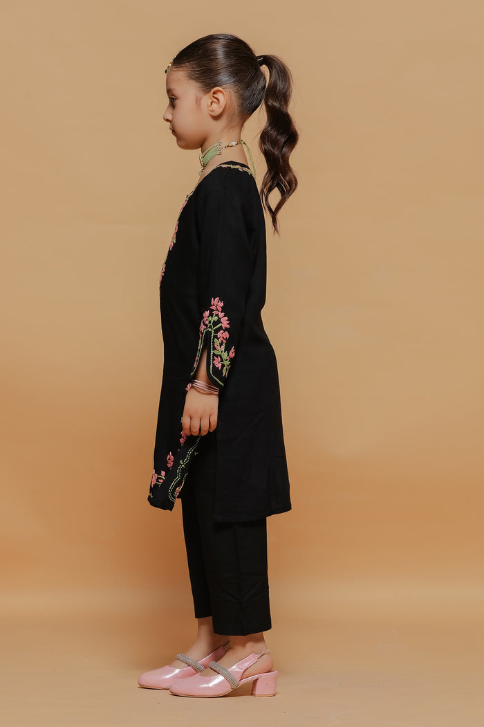 Kids Black Hand-Embroidered Chikankari Rayon Long Kurta