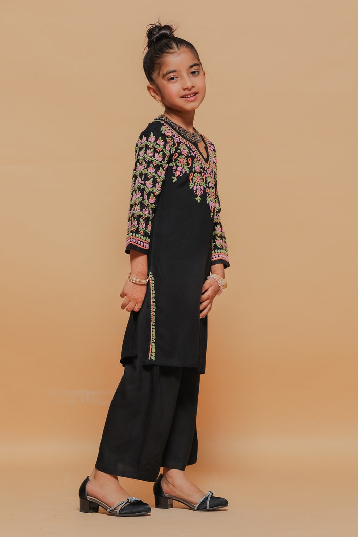 Kids Black Hand-Embroidered Chikankari Rayon Long Kurta