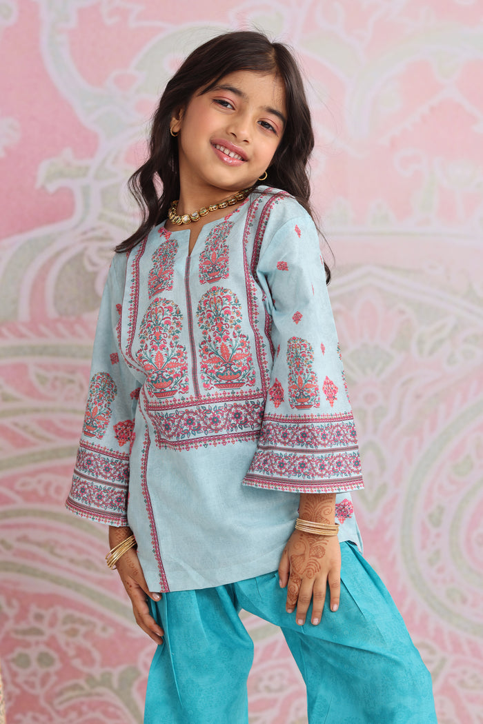 Kids Blue Printed Lawn Cotton Co-ord Set