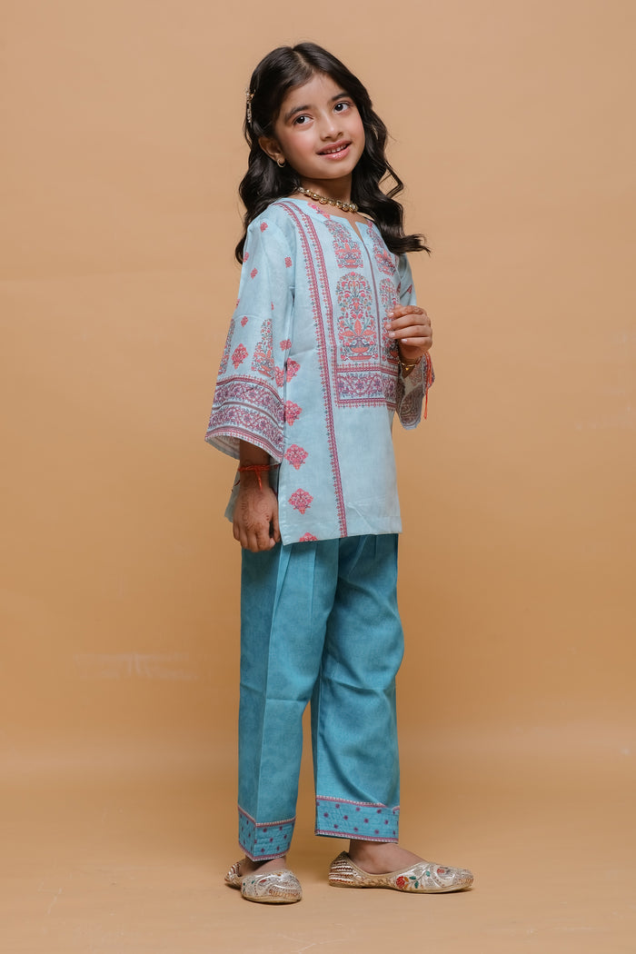 Kids Blue Printed Lawn Cotton Co-ord Set