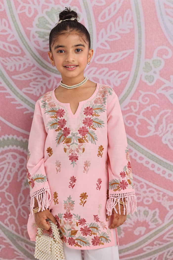 Kids Blush Pink Cotton Kurta with Kashmiri Aari Work