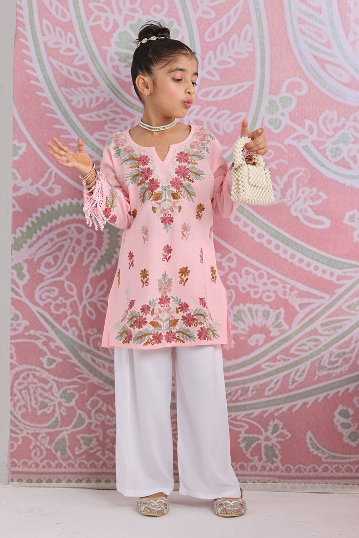 Kids Blush Pink Cotton Kurta with Kashmiri Aari Work