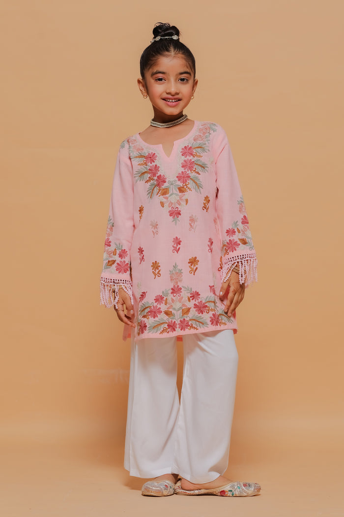 Kids Blush Pink Cotton Kurta with Kashmiri Aari Work
