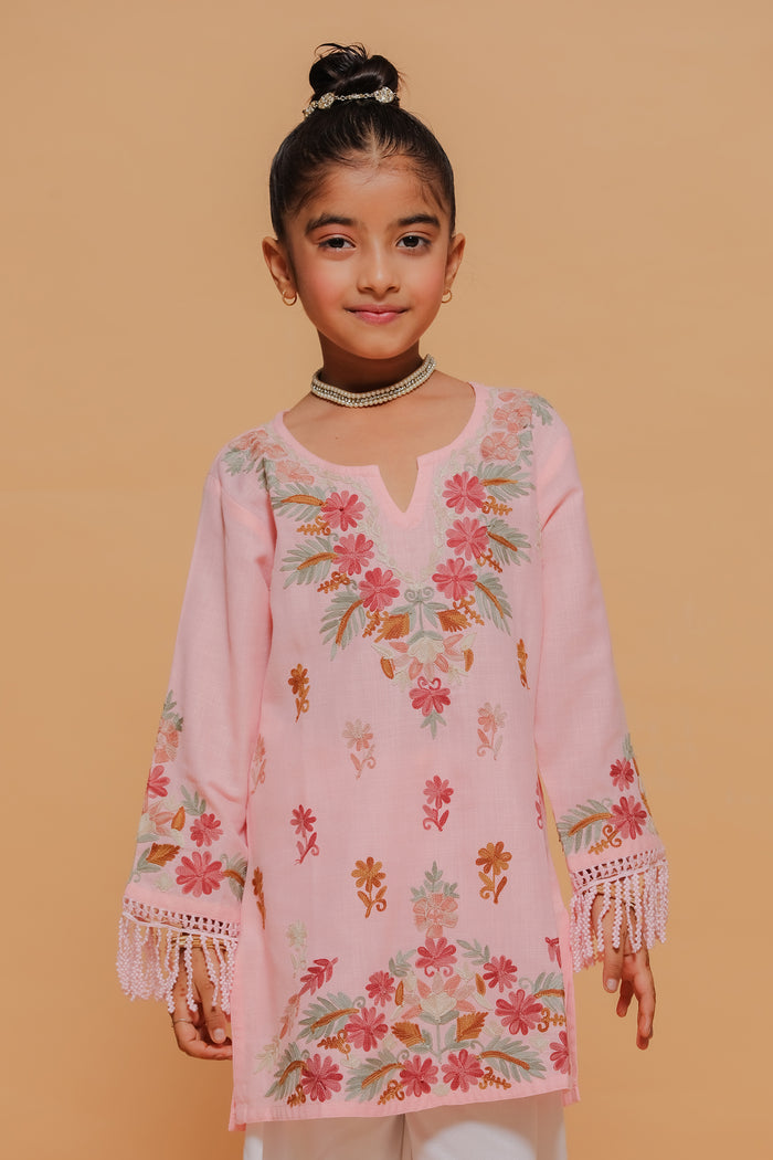 Kids Blush Pink Cotton Kurta with Kashmiri Aari Work