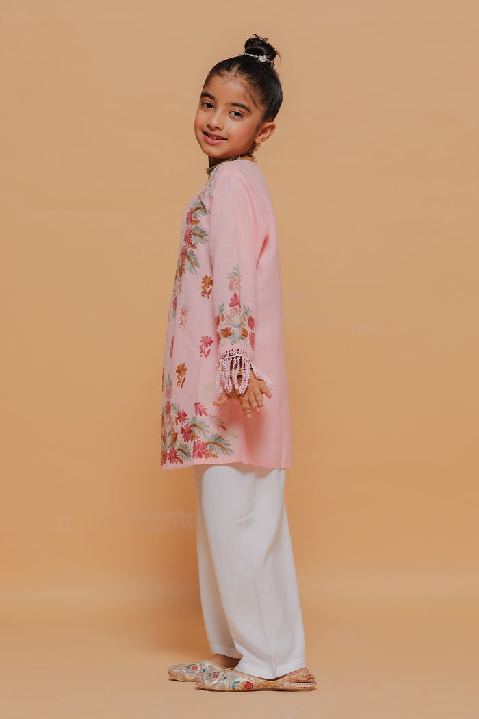 Kids Blush Pink Cotton Kurta with Kashmiri Aari Work