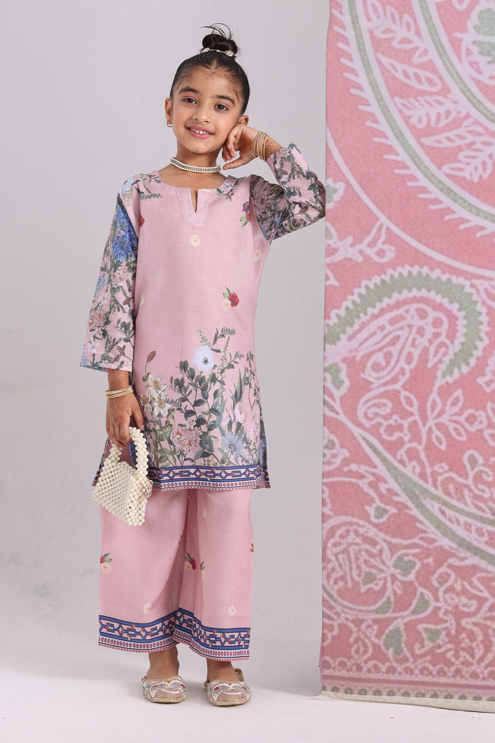 Kids Blush Pink Floral Printed Lawn Cotton Co-ord Set