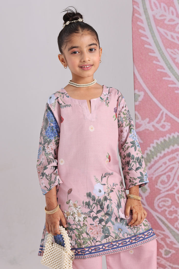 Kids Blush Pink Floral Printed Lawn Cotton Co-ord Set