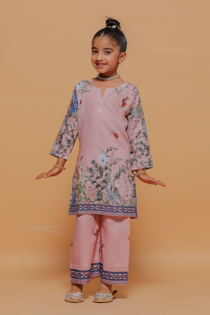 Kids Blush Pink Floral Printed Lawn Cotton Co-ord Set
