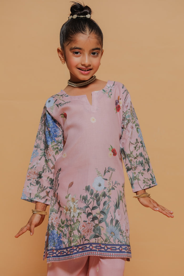 Kids Blush Pink Floral Printed Lawn Cotton Co-ord Set