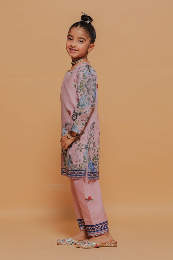 Kids Blush Pink Floral Printed Lawn Cotton Co-ord Set