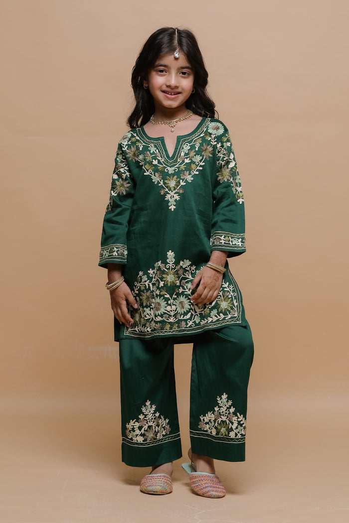 Kids Emerald Green Cotton Kurta Set with Kashmiri Aari Work