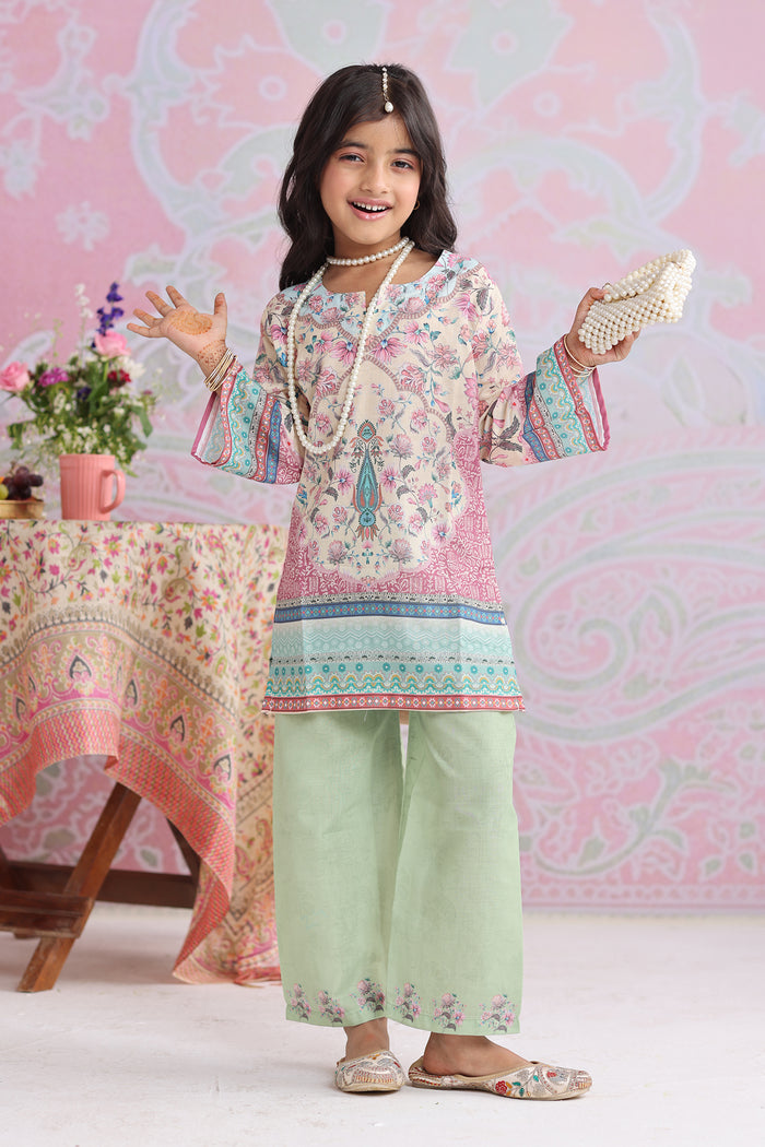 Kids Floral Printed Lawn Cotton Co-ord Set in Cream & Mint Green