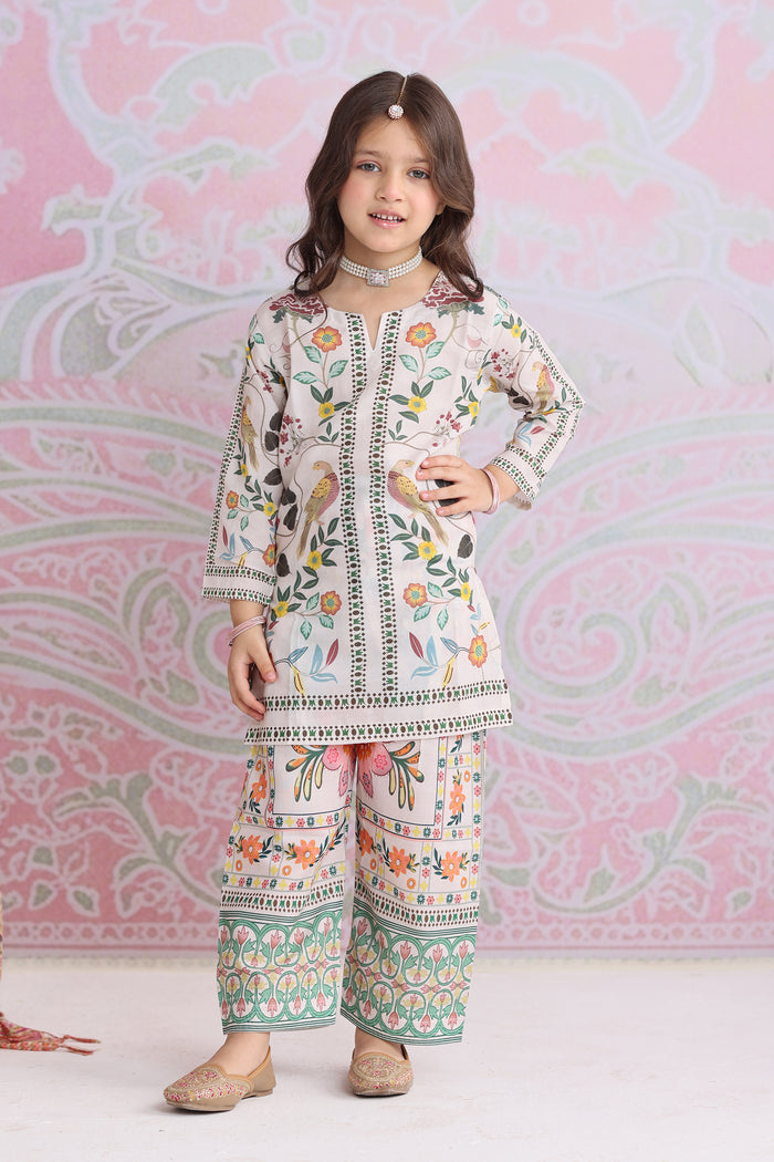 Kids Off-White Floral Printed Lawn Cotton Co-ord Set