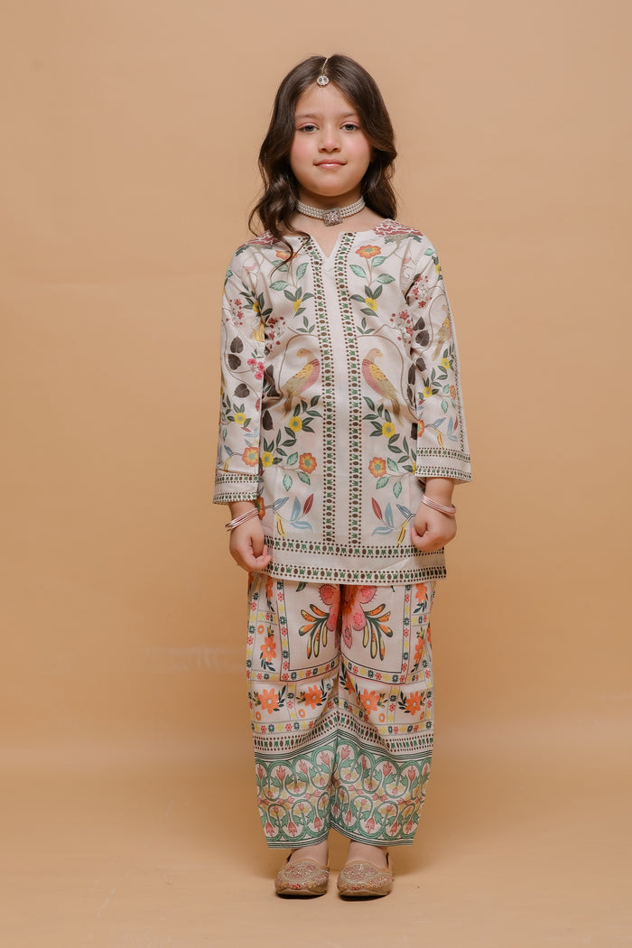 Kids Off-White Floral Printed Lawn Cotton Co-ord Set