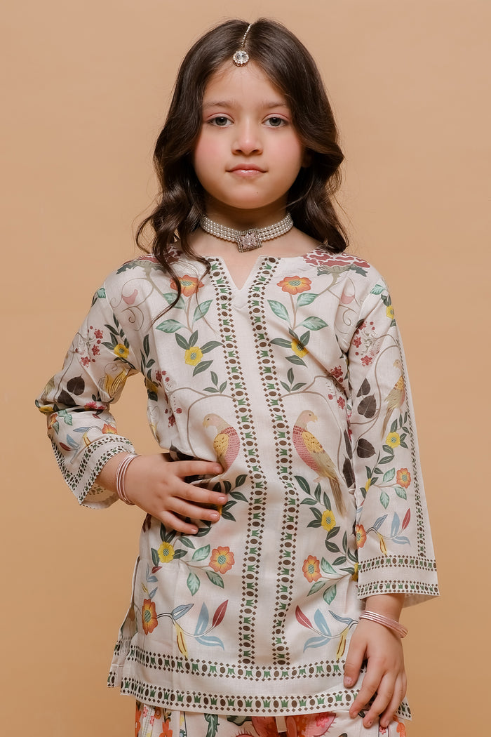 Kids Off-White Floral Printed Lawn Cotton Co-ord Set