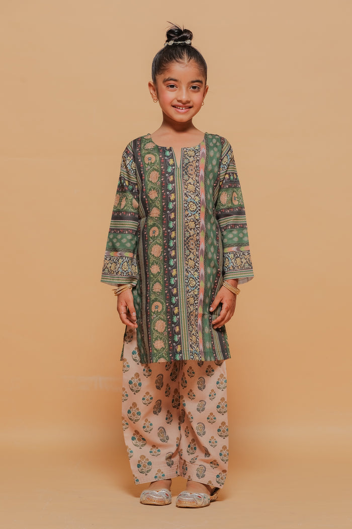 Kids Green Printed Lawn Cotton Co-ord Set