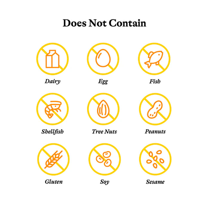 Allergen-free icons with labels for dairy, egg, fish, shellfish, tree nuts, peanuts, gluten, soy, and sesame on a white background.