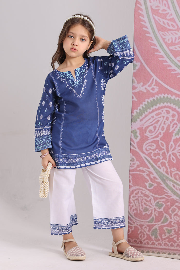 Kids Navy Blue Printed Lawn Cotton Co-ord Set