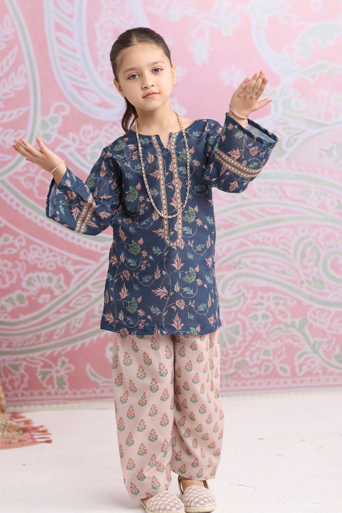 Kids Navy Floral Printed Lawn Cotton Co-ord Set