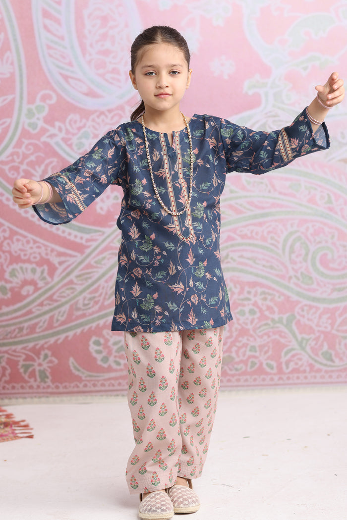 Kids Navy Floral Printed Lawn Cotton Co-ord Set