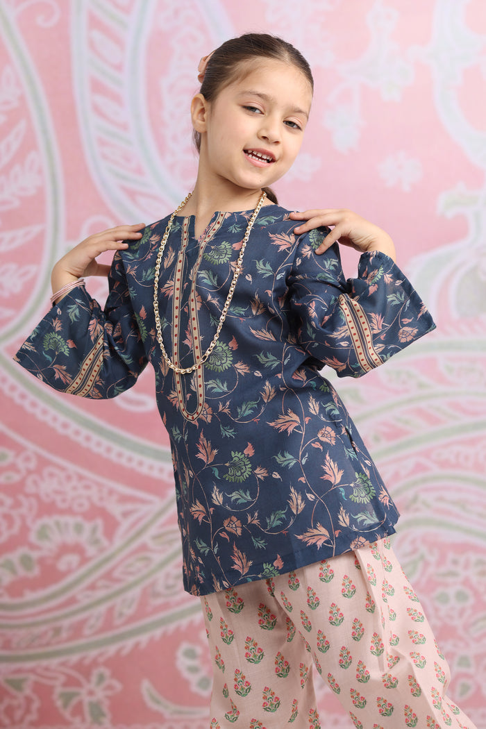 Kids Navy Floral Printed Lawn Cotton Co-ord Set