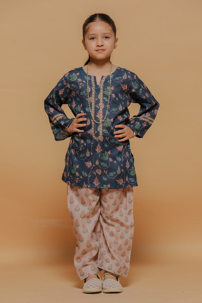 Kids Navy Floral Printed Lawn Cotton Co-ord Set