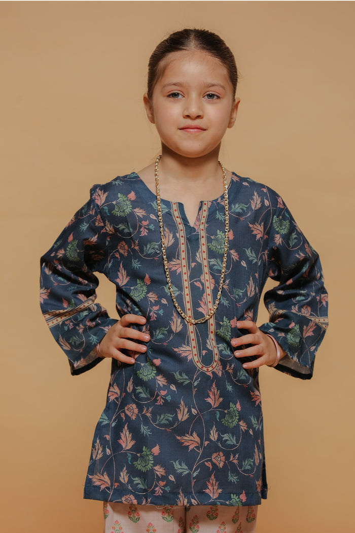 Kids Navy Floral Printed Lawn Cotton Co-ord Set