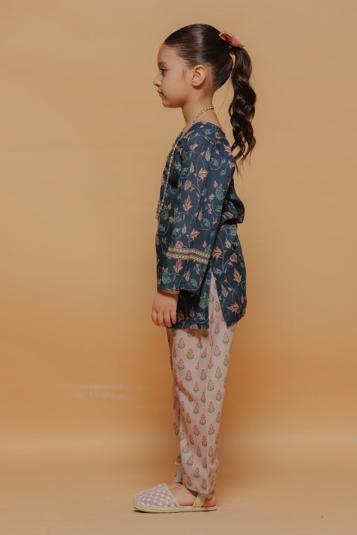 Kids Navy Floral Printed Lawn Cotton Co-ord Set