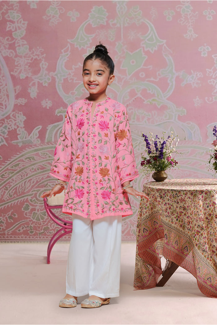 Kids Pink Cotton Jacket with Kashmiri Aari Work