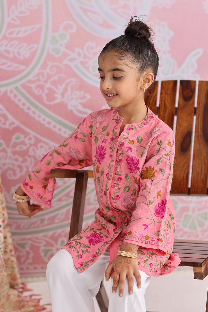 Kids Pink Cotton Jacket with Kashmiri Aari Work