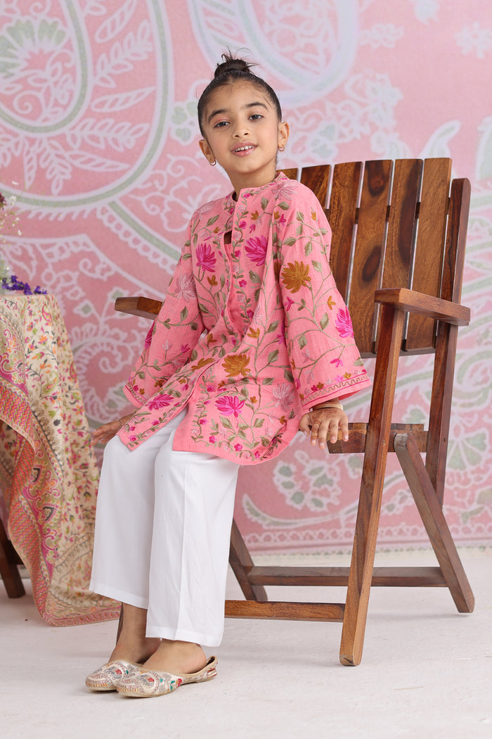 Kids Pink Cotton Jacket with Kashmiri Aari Work