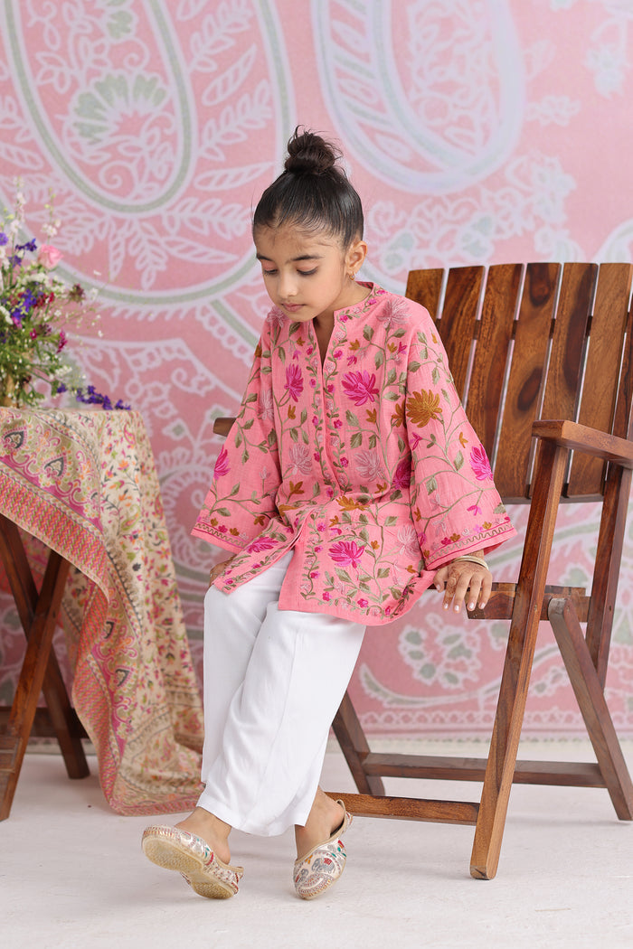 Kids Pink Cotton Jacket with Kashmiri Aari Work