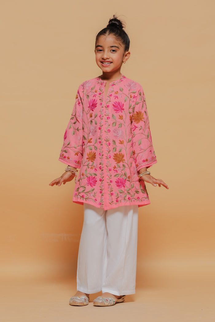 Kids Pink Cotton Jacket with Kashmiri Aari Work