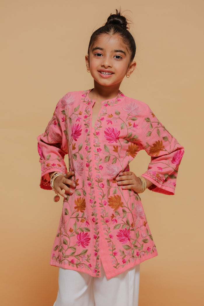 Kids Pink Cotton Jacket with Kashmiri Aari Work
